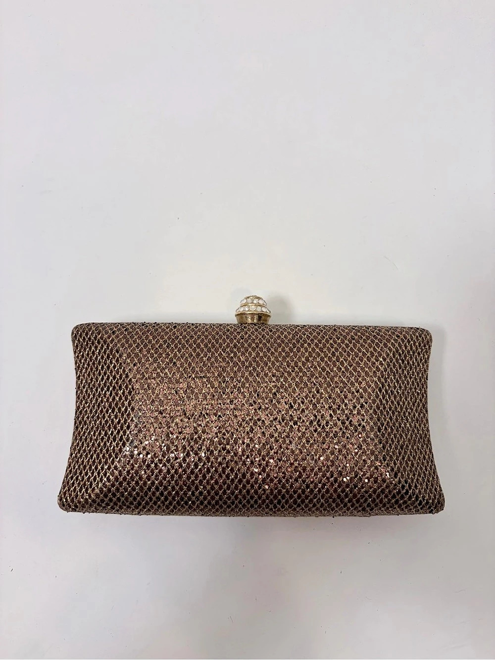 bebe Bronze Metallic Mesh Evening Clutch with Rhinestone Clasp - Picture 2 of 6